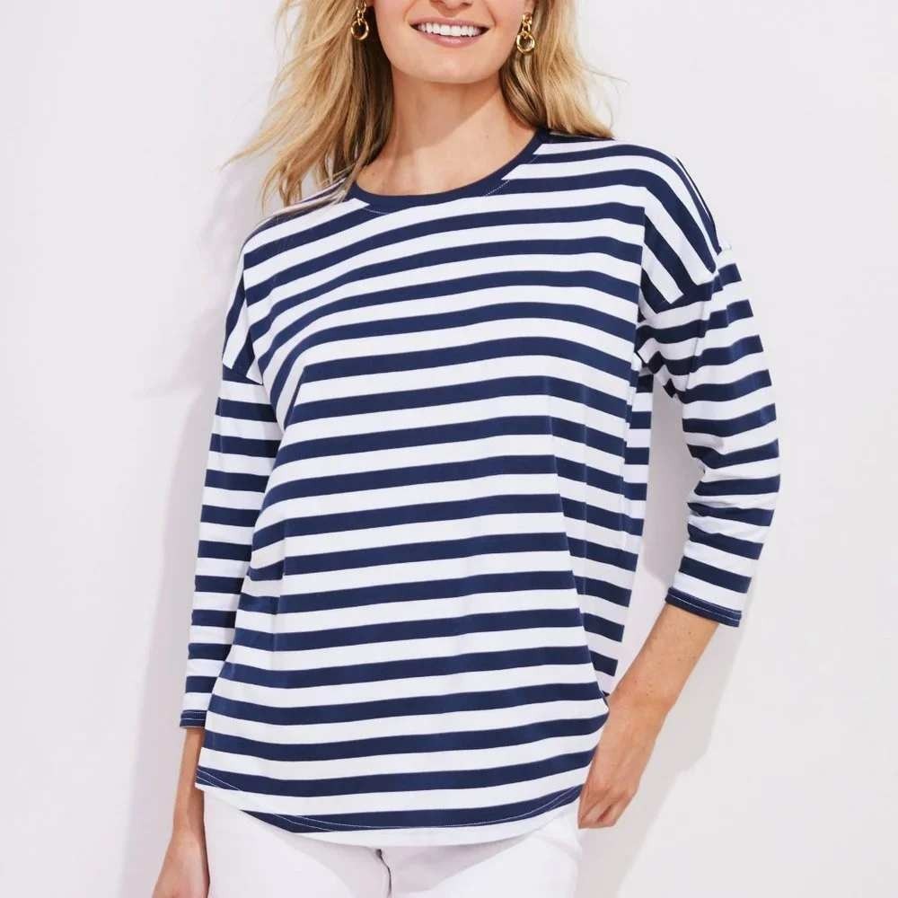 Vineyard Vines Striped Deluxe Tee Navy White 3/4 Sleeve Cotton Modal Top Small